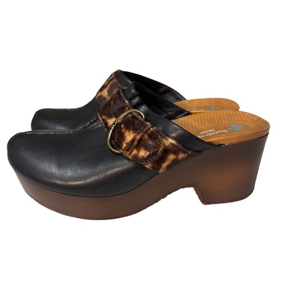 Baretraps Belita Womens 9M Black Clogs With Leopard Accent & Wooden Platform - Picture 1 of 8